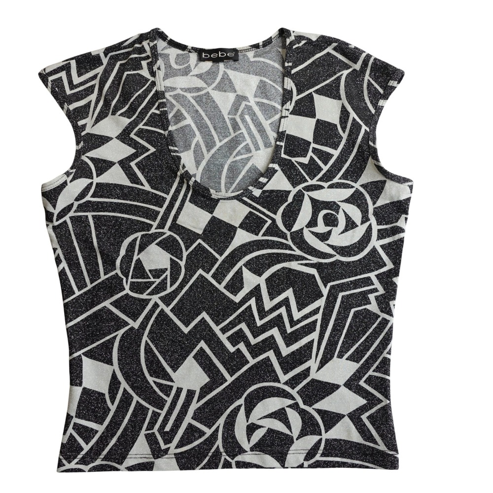 Vintage Bebe Cyber Grunge Top S Black Silver Geometric Metallic Slinky Rave Y2K